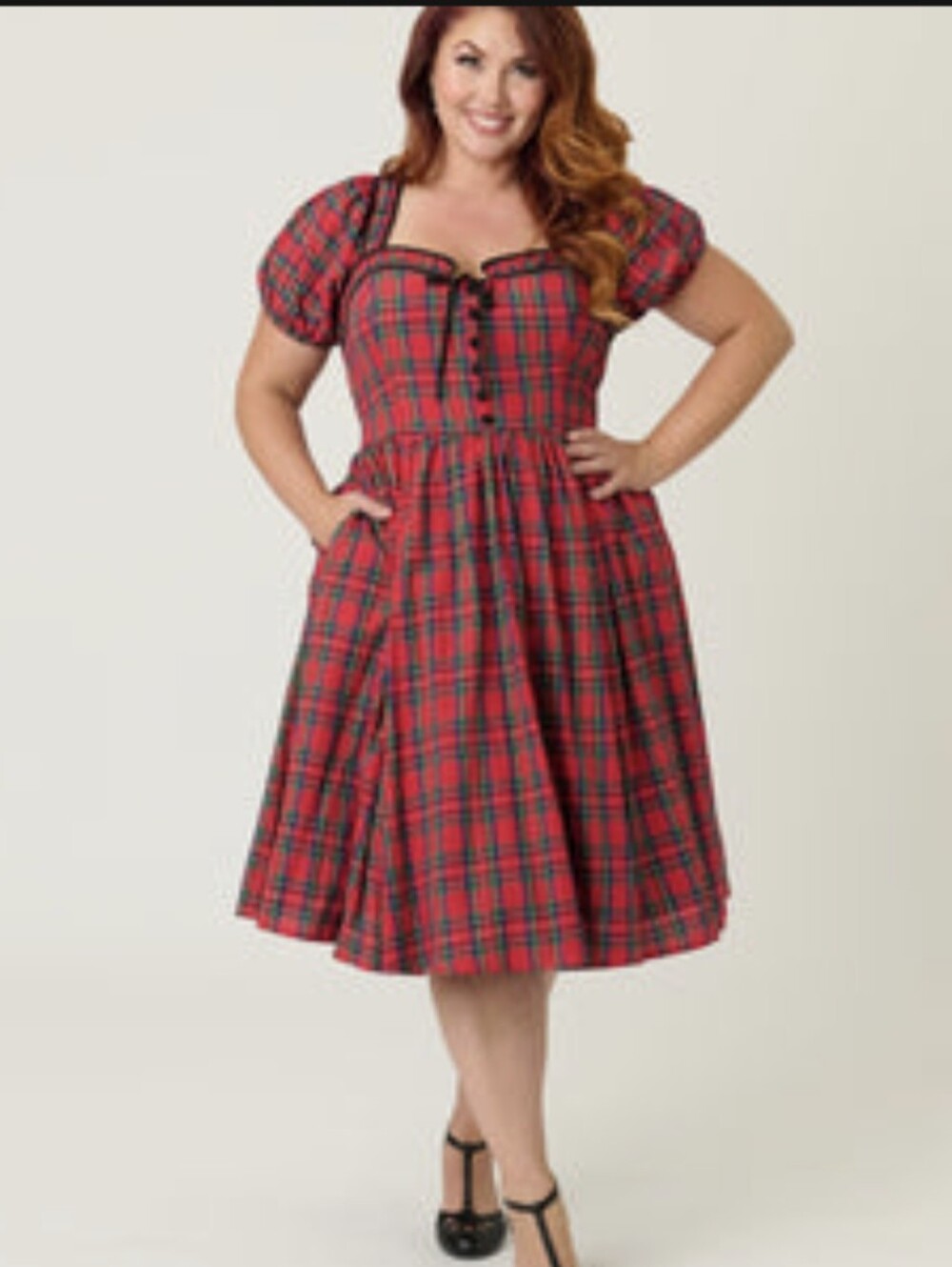 Unique Vintage Red Tartan Puff-Sleeve Dress with Black Trim